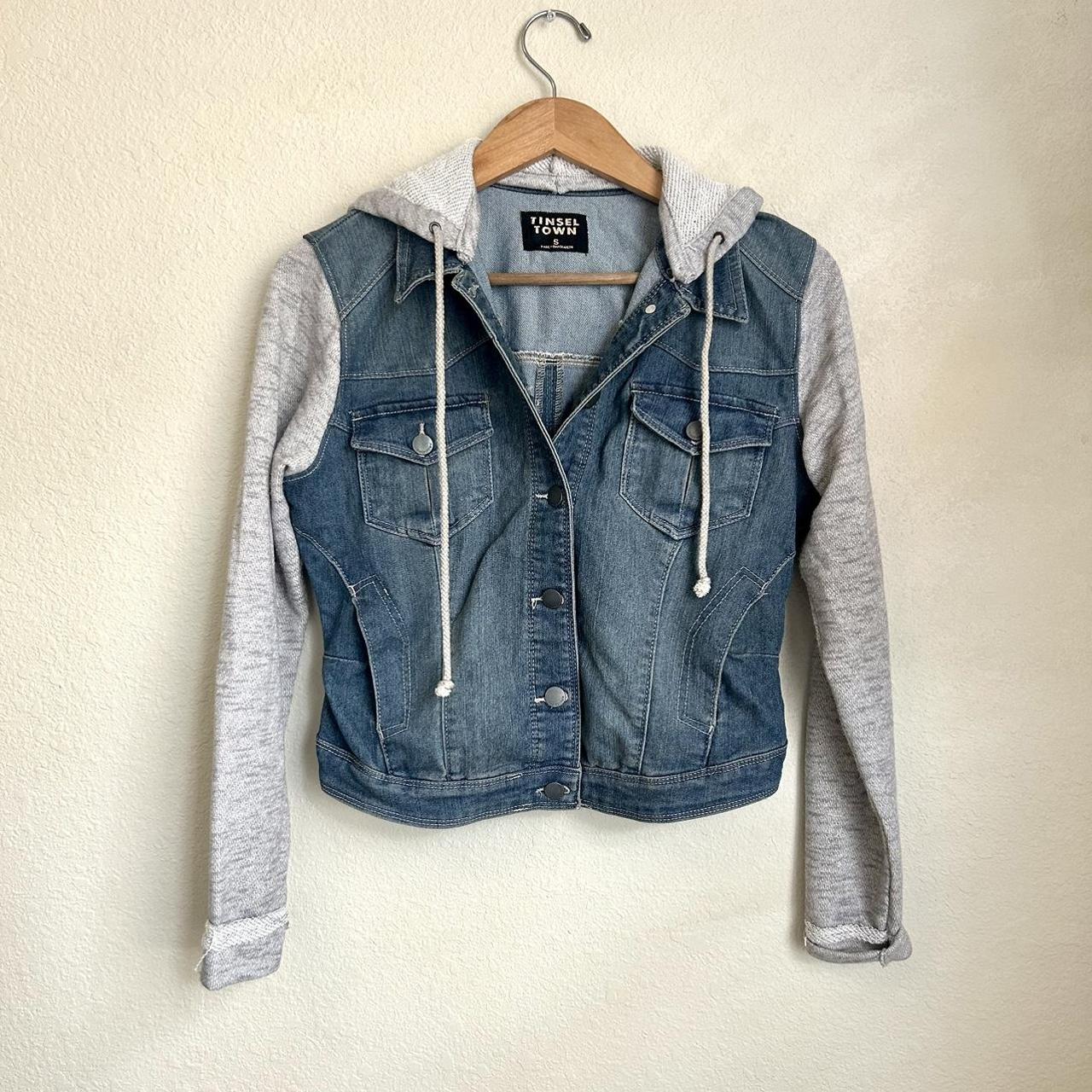 Jean jacket with grey hood. Hardly worn! Size small - Depop