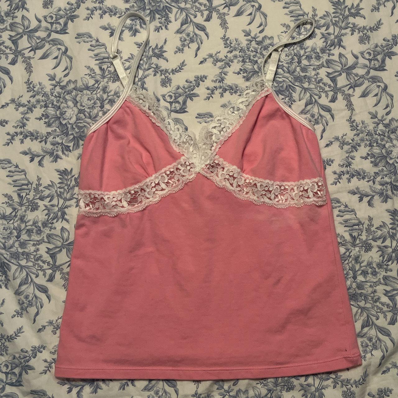 Cute pink tank top with white lace, 2000s Victoria’s... - Depop