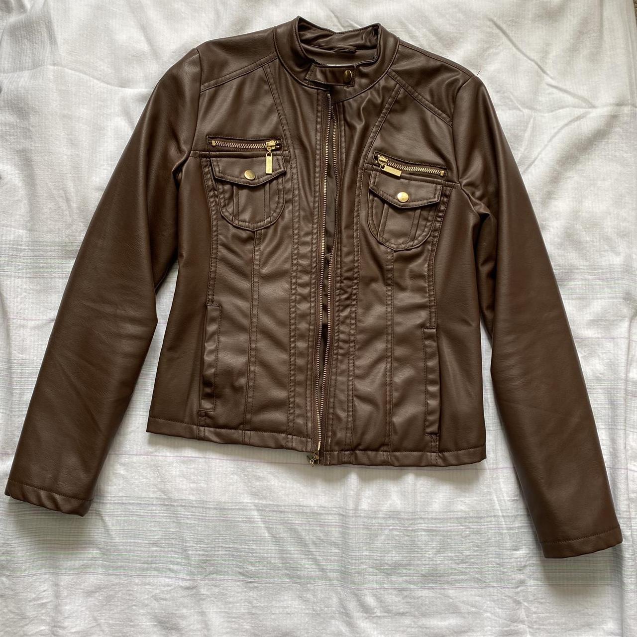 Brown biker faux leather jacket size small Miss... - Depop