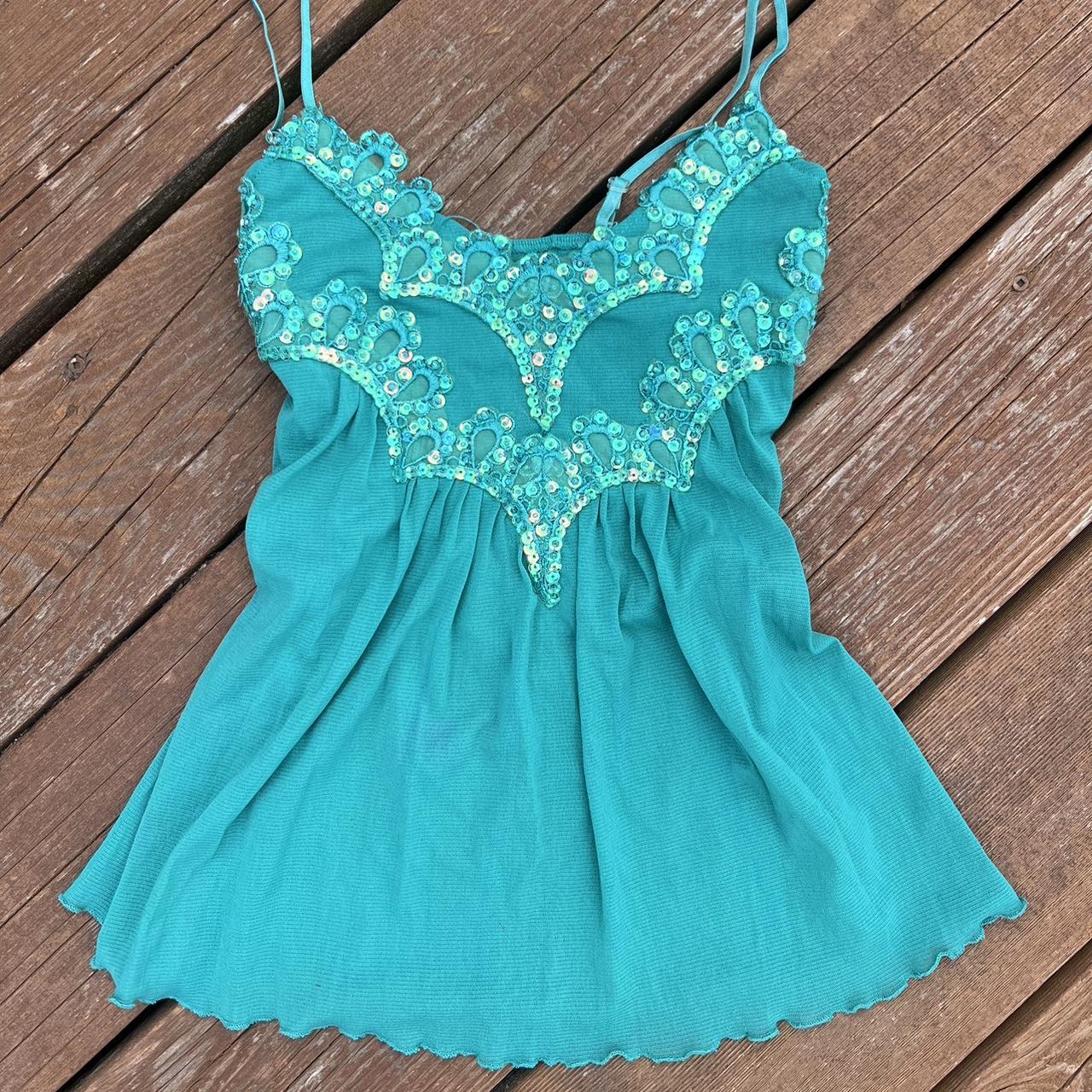 2000s blue and green cami top with sequins and beads... - Depop