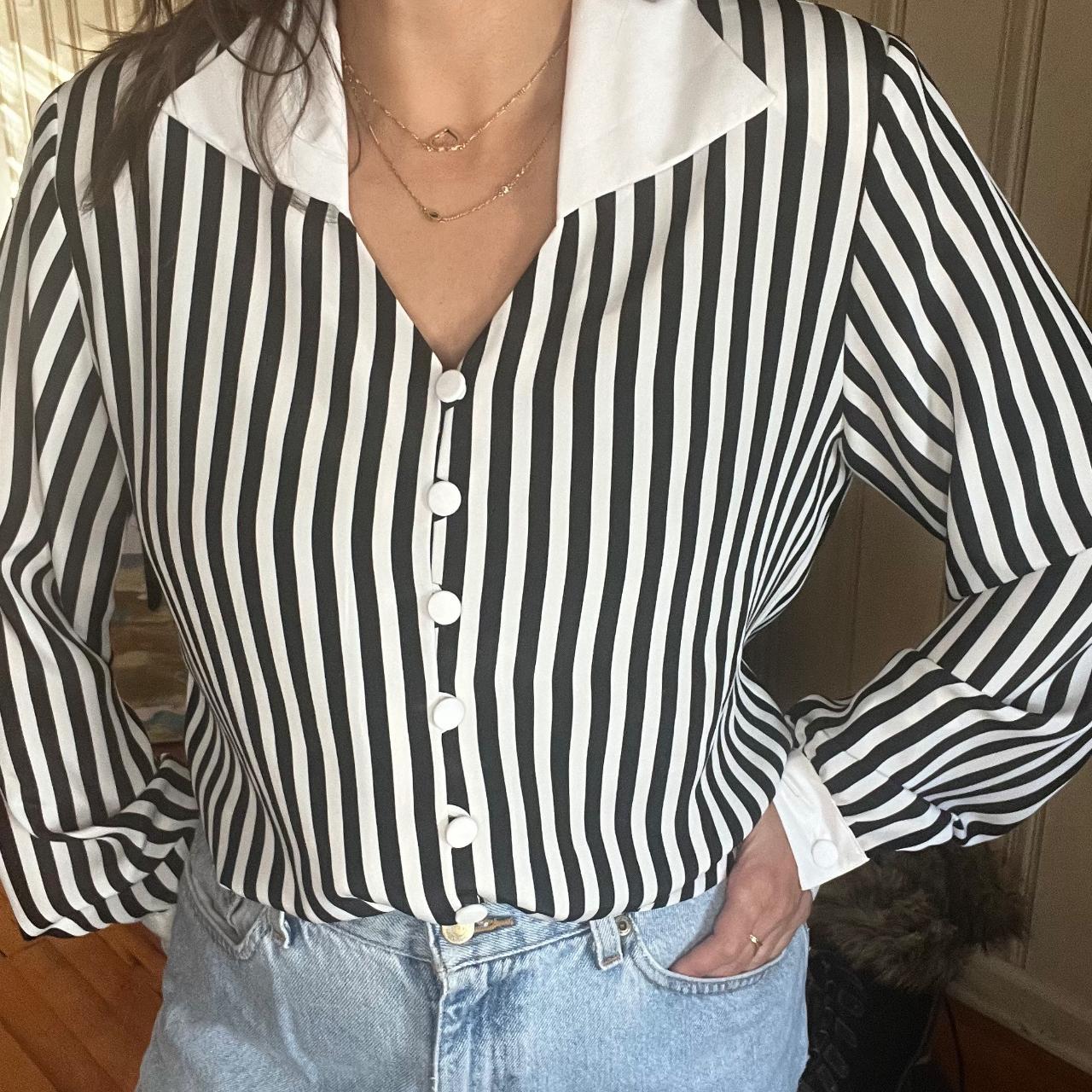 Vintage black and white striped button up. Should... - Depop