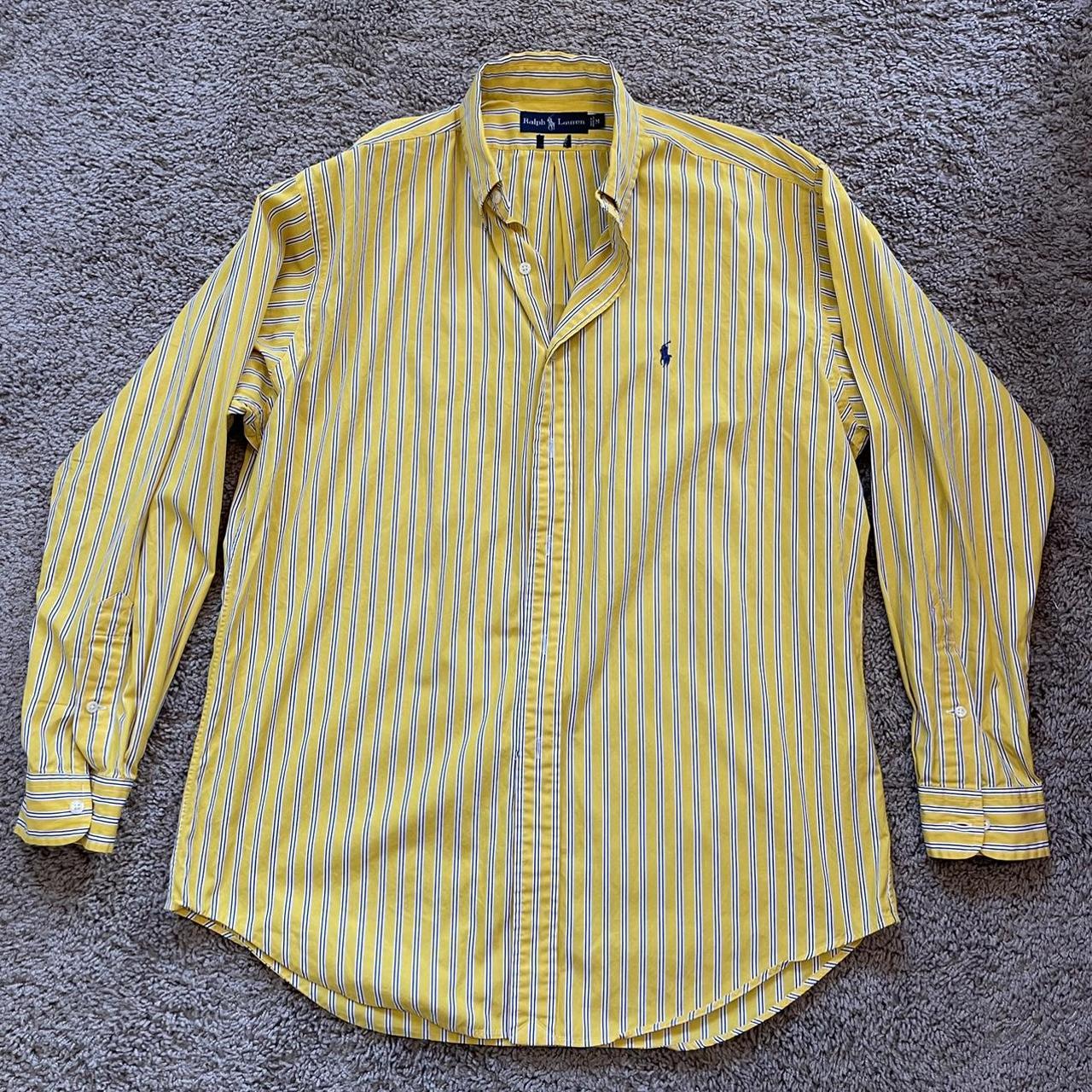 Medium striped yellow Ralph Lauren polo button up... - Depop