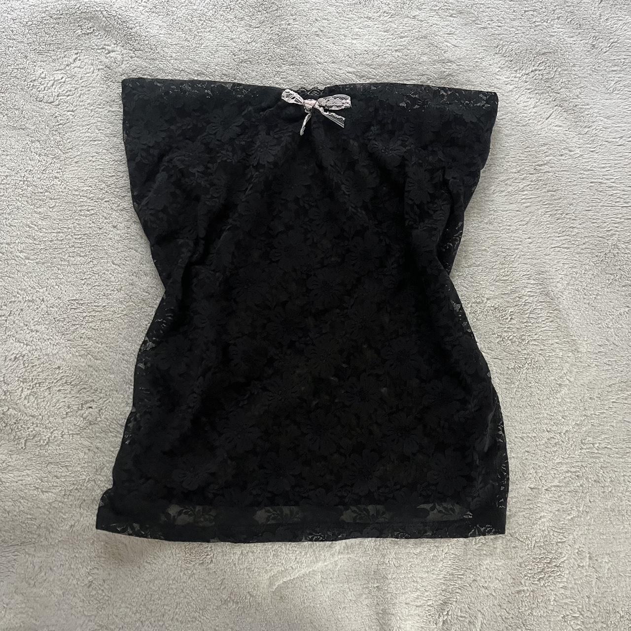 Strapless black lace tube top with pink lace bow... - Depop