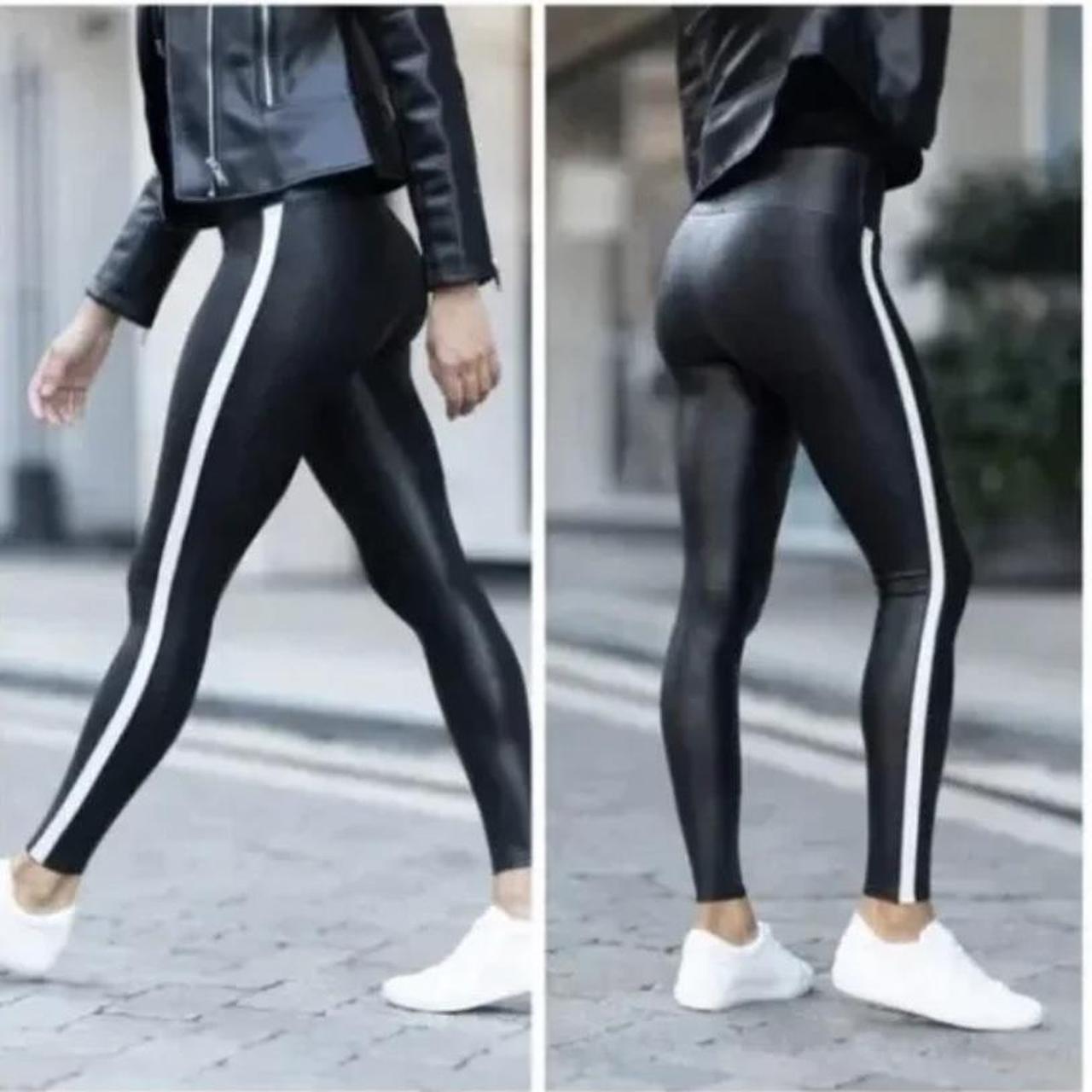Spanx Faux Leather Side Stripe Leggings Women Black - Depop