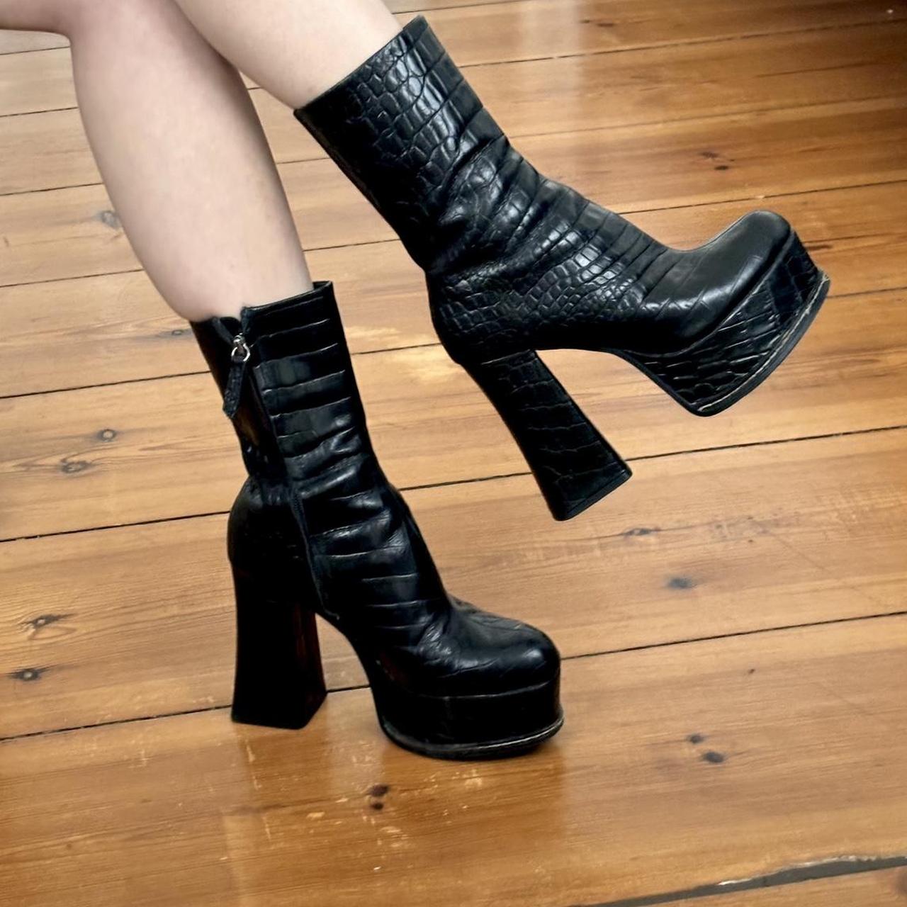 Black chunky croc embossed ankle boots best sale