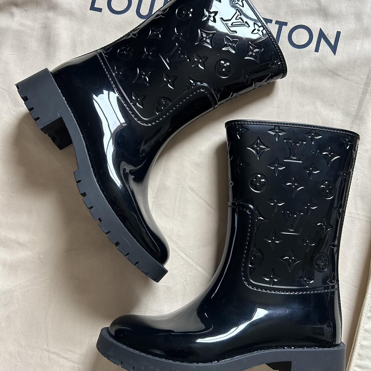 LOUIS VUITTON Rubber Embossed Monogram Drops Flat Half Boots 37 Black  1265715