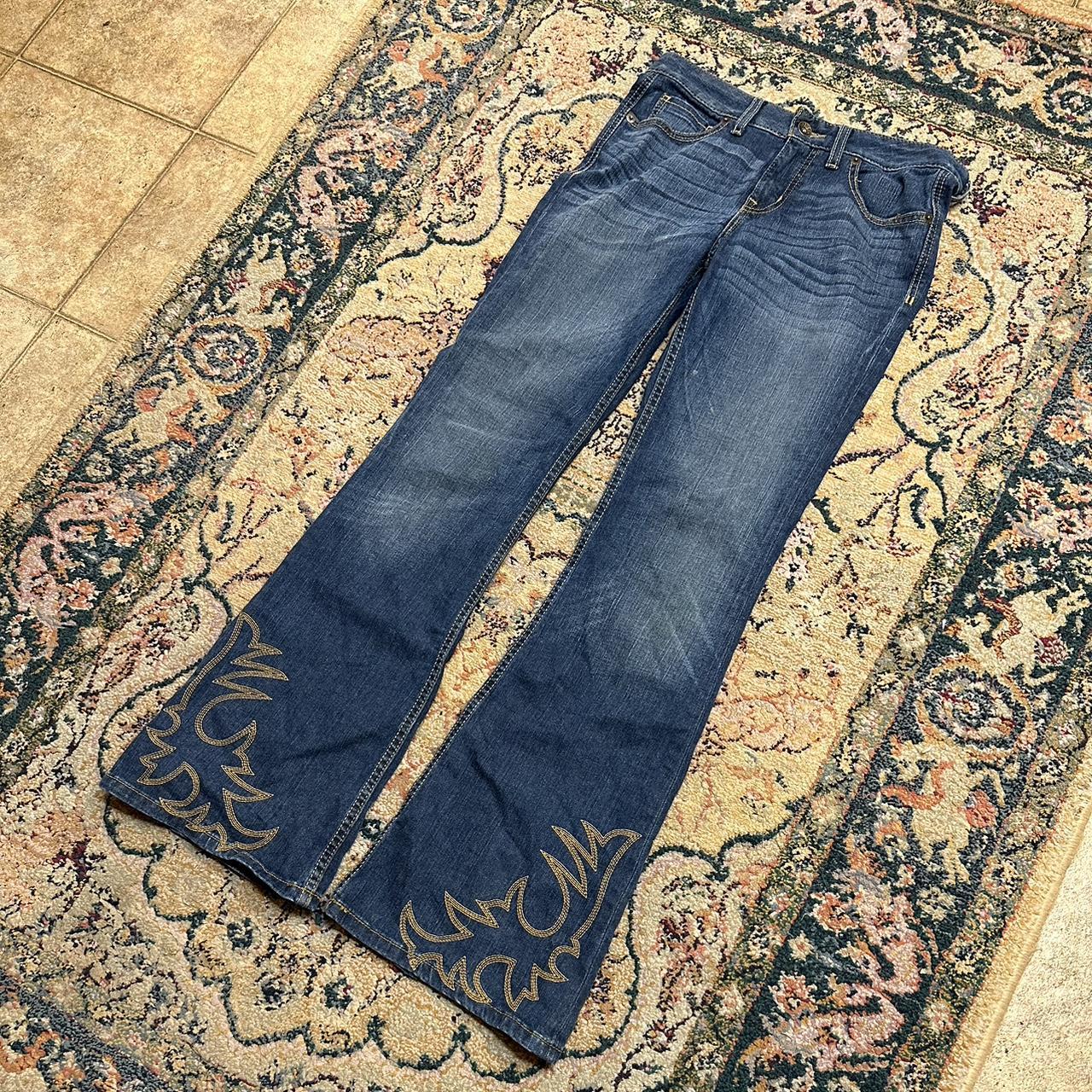 Vintage Y2K Flared Embroidered Jeans. Measurements... - Depop