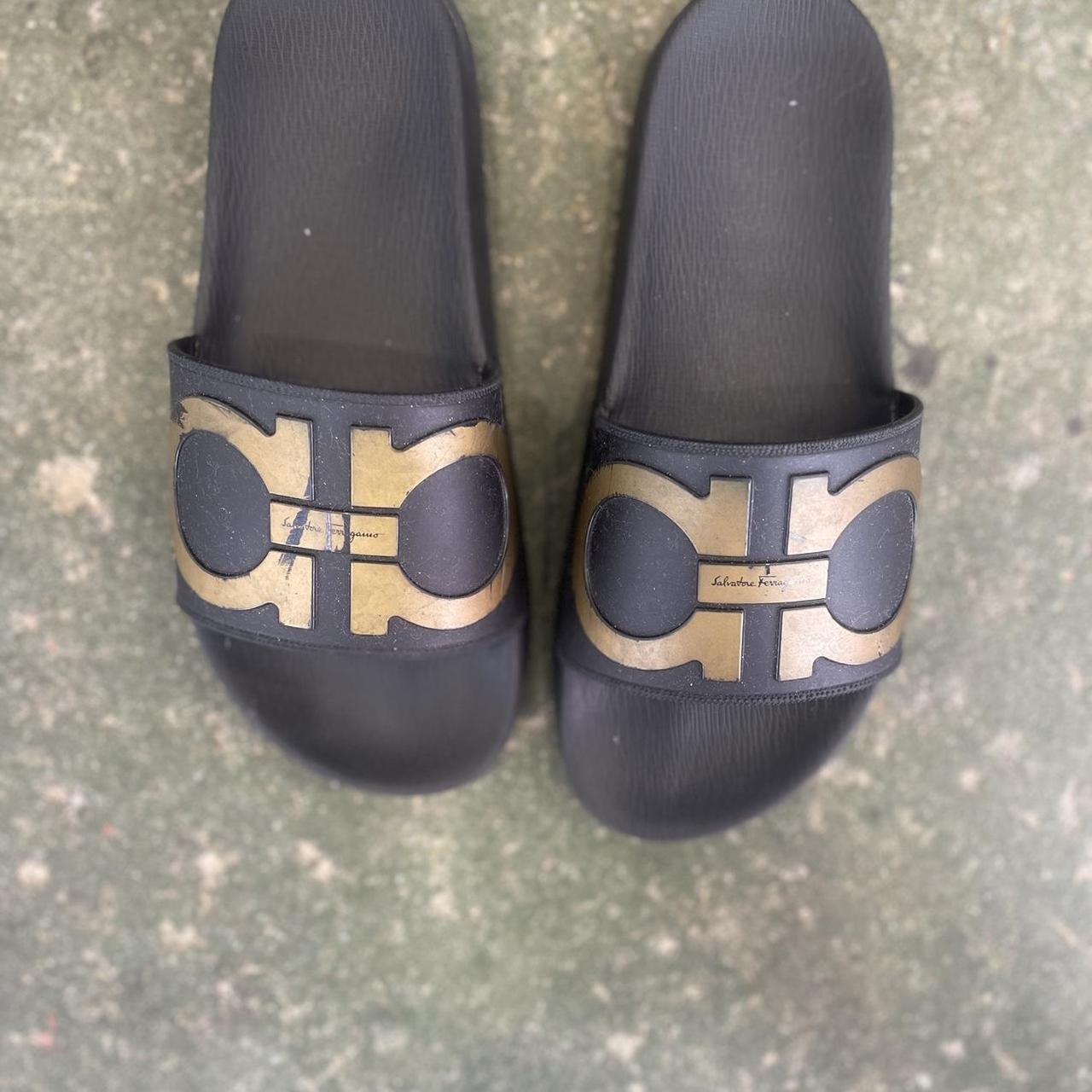 Black and gold ferragamo slides hotsell