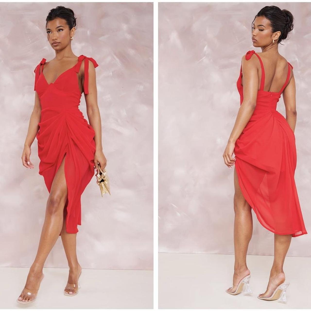 Red Underwire Detail Draped Midi Dress