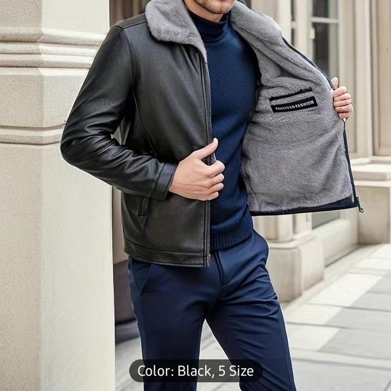 Warm Fleece PU Jacket, Men's Casual Solid Color Zip Up Lapel Faux Leather  Jacket For Fall Winter