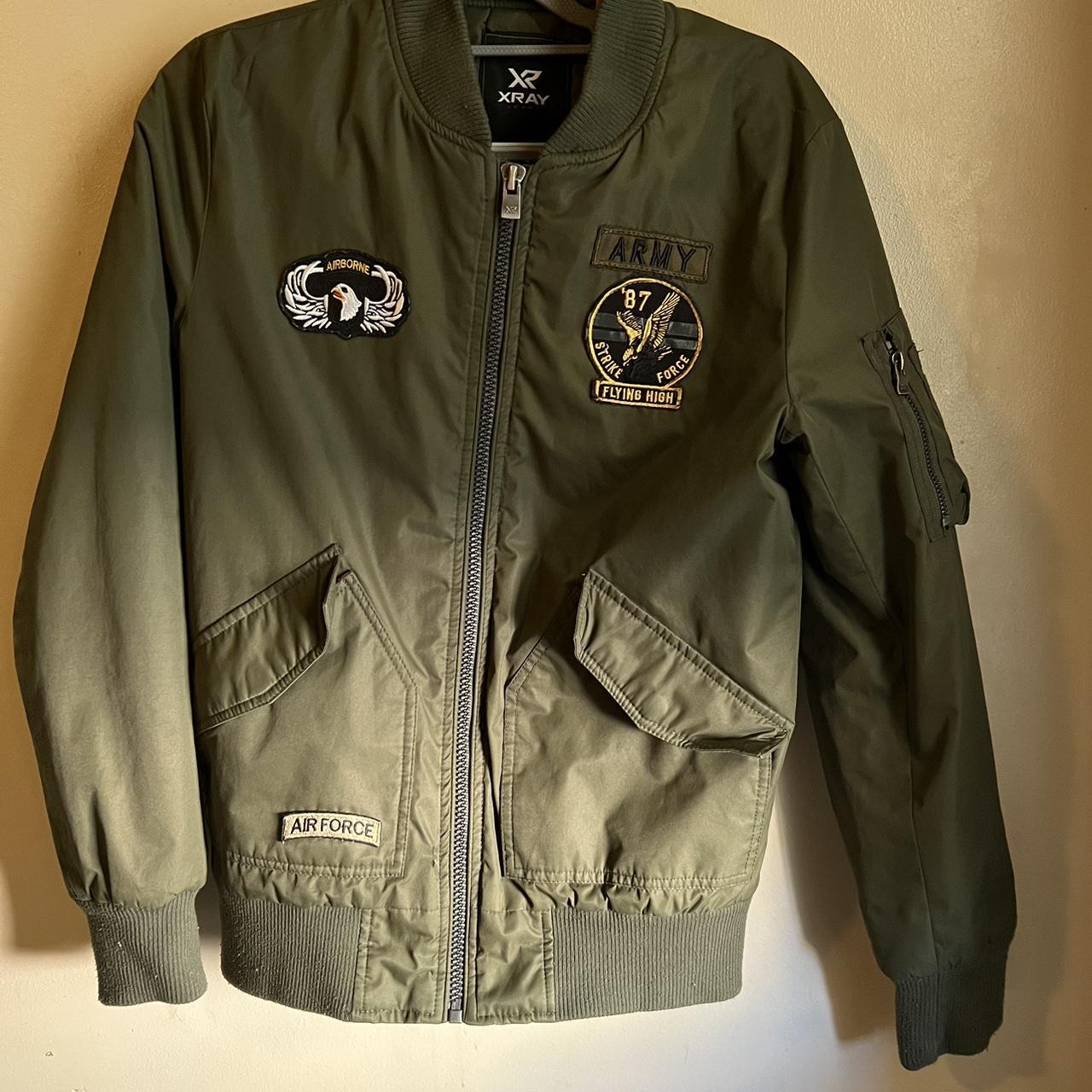 Y2K XRAY Jeans Bomber Flight Jacket Army Green... - Depop