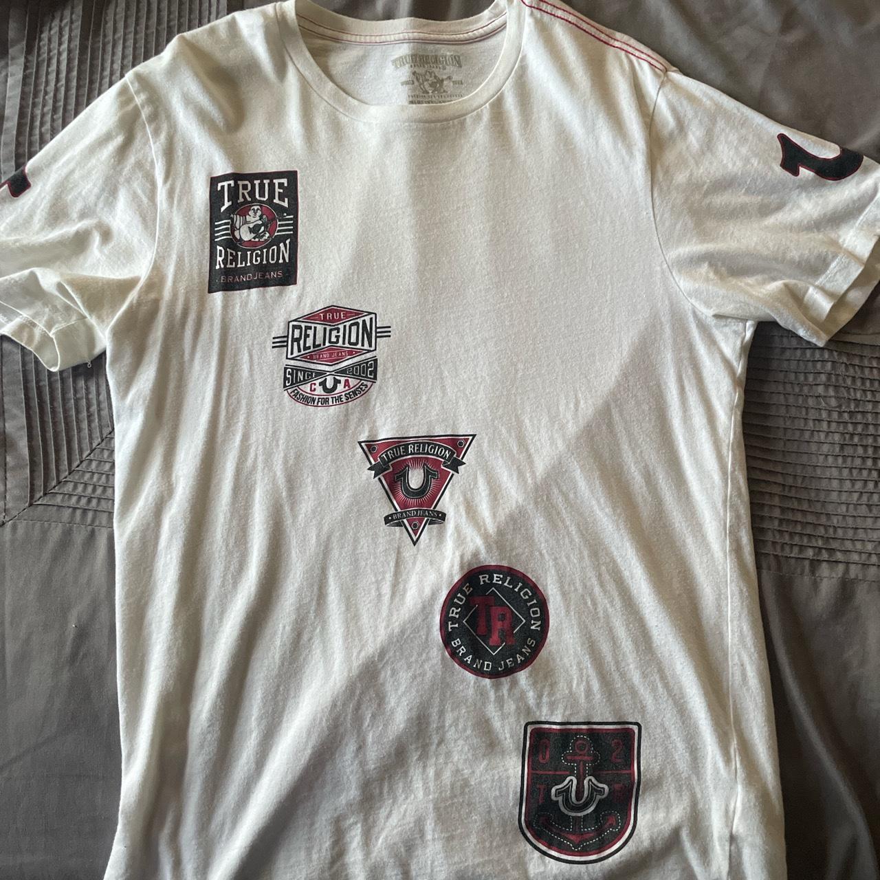 true religion red and white shirt