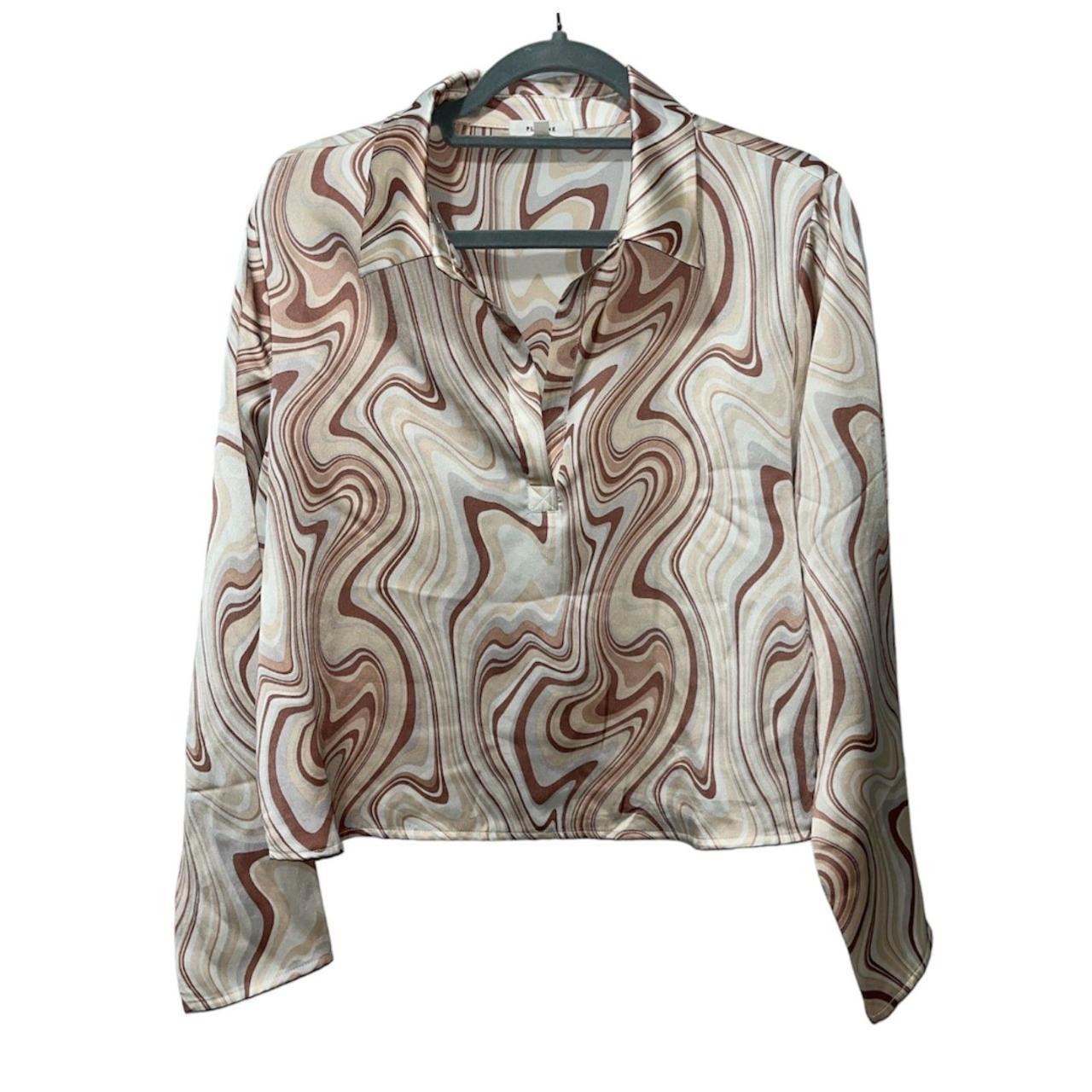 Pleione Marbled V-Neck Retro Business Casual Blouse... - Depop