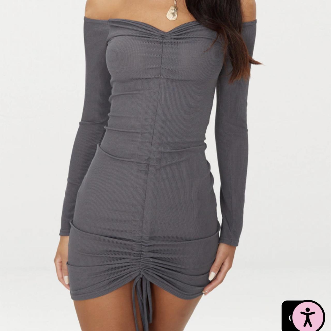 Charcoal grey ribbed long cheap sleeve bardot ruched bodycon dress