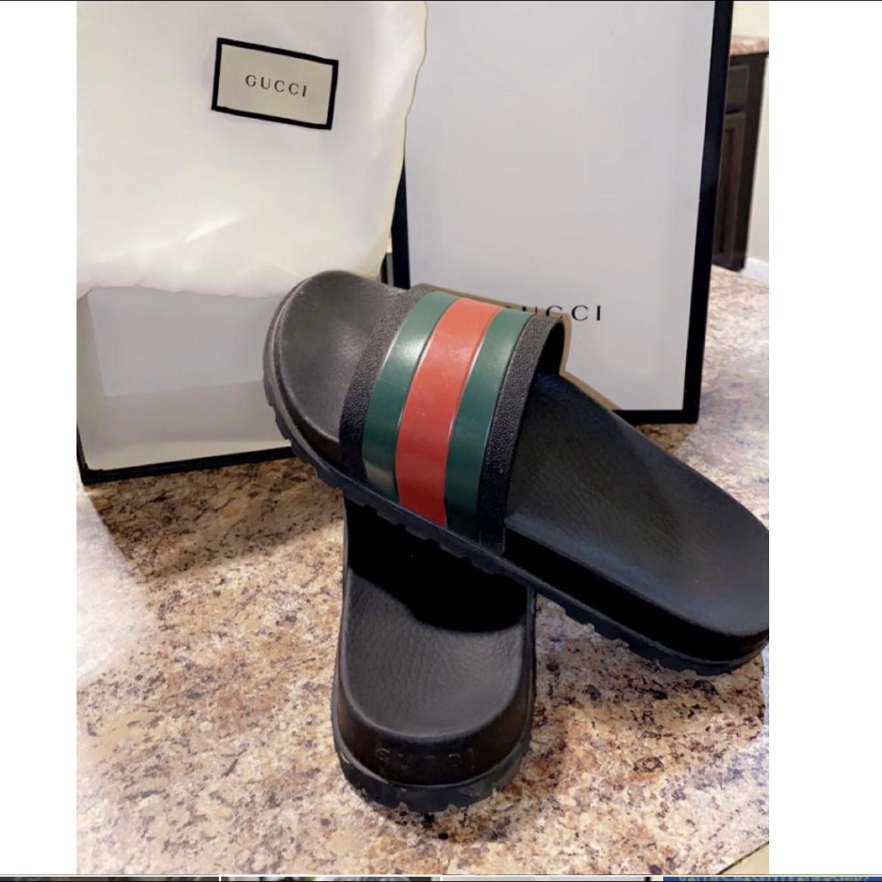 Men’s Black Gucci Slides with the red and green... Depop
