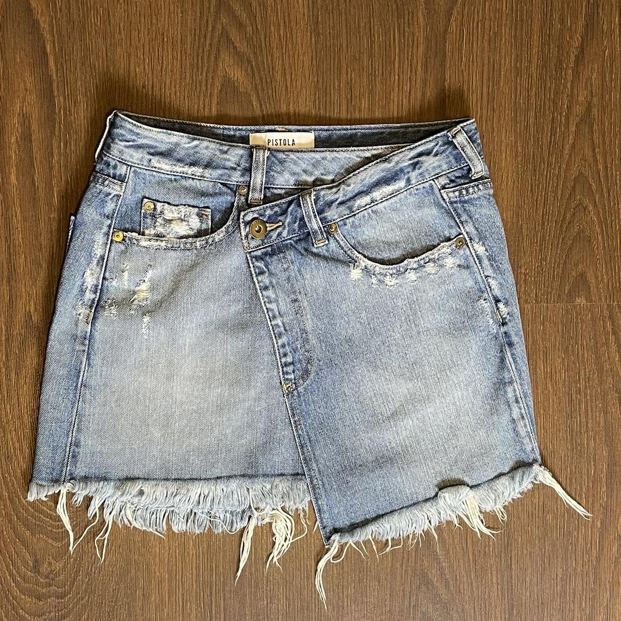 Distressed denim wrap clearance skirt