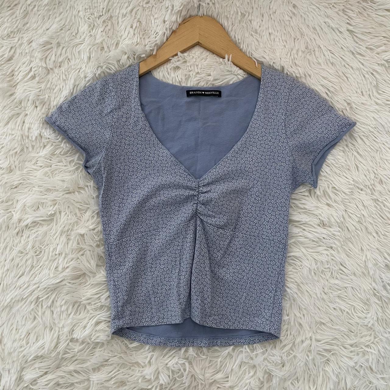 Brandy Melville blue floral ruched v neck Gina top... Depop