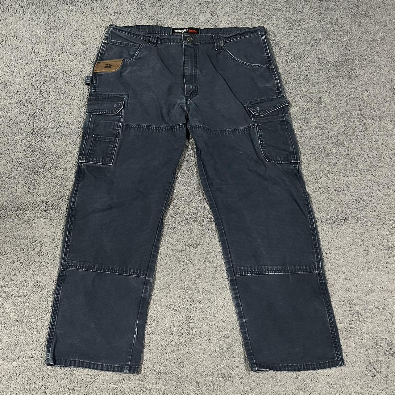 Navy Wrangler Riggs faded carpenter cargo work pants... - Depop