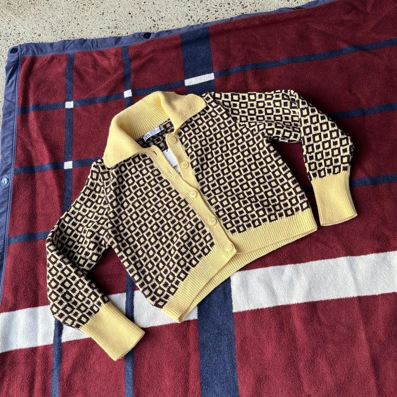 Zara Collared Yellow Geometric cardigan Sweater