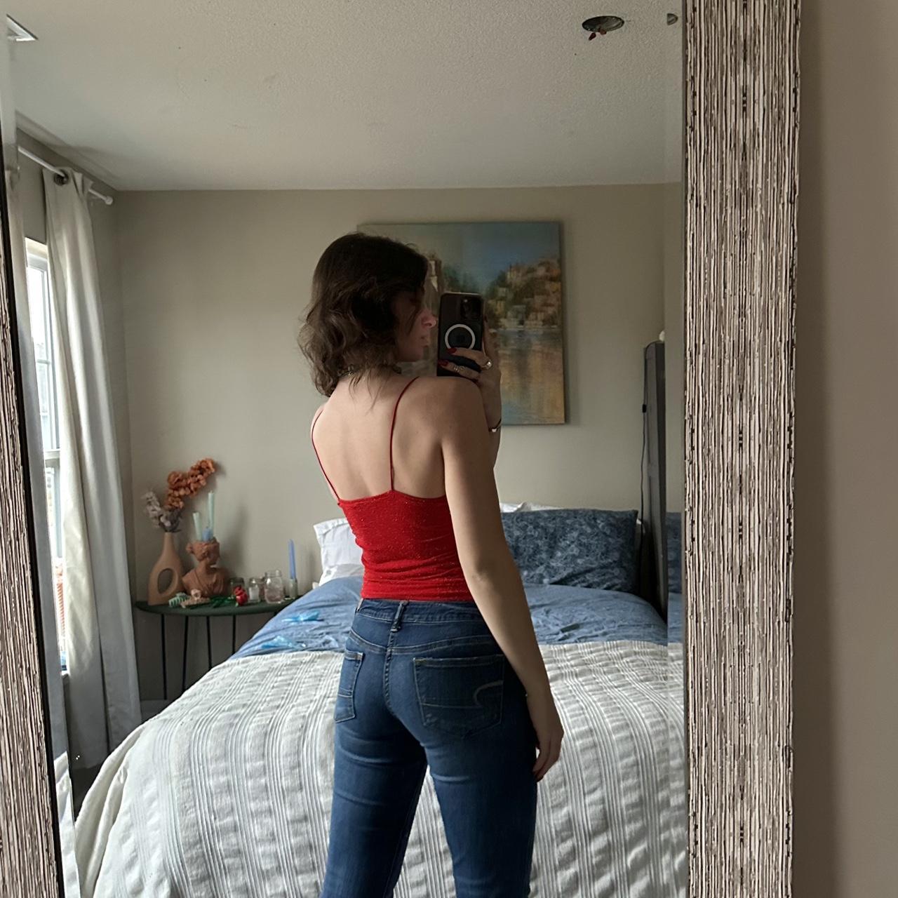 Red scrunch top with gold sparkles Very stretchy... - Depop
