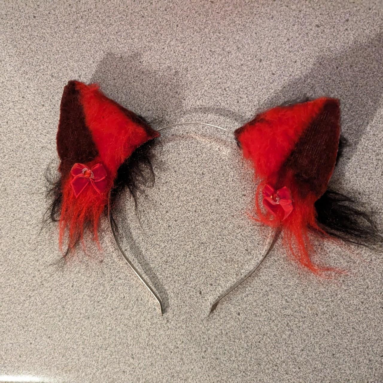 Black and Red Furry Cat Ears with Bows... Depop