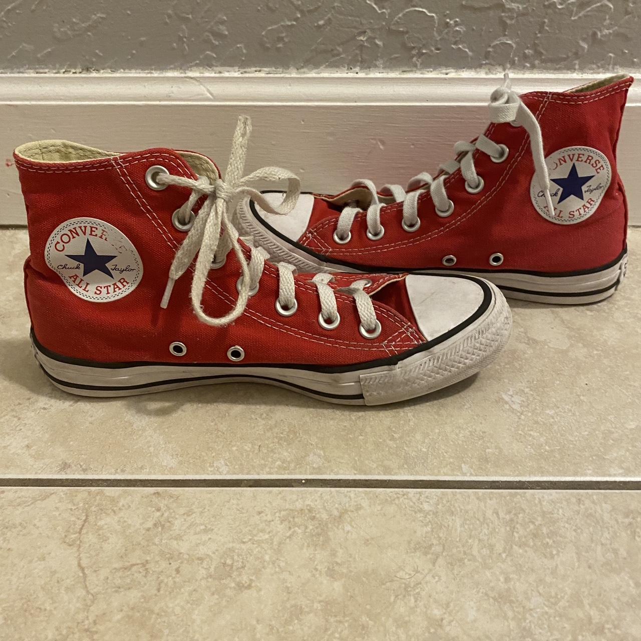 red chuck taylor converses in size 7, a bit scuffed... - Depop