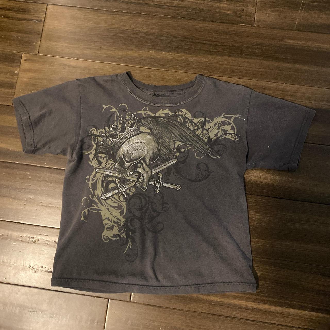 Black and grey graphic tee with skull and sword... Depop
