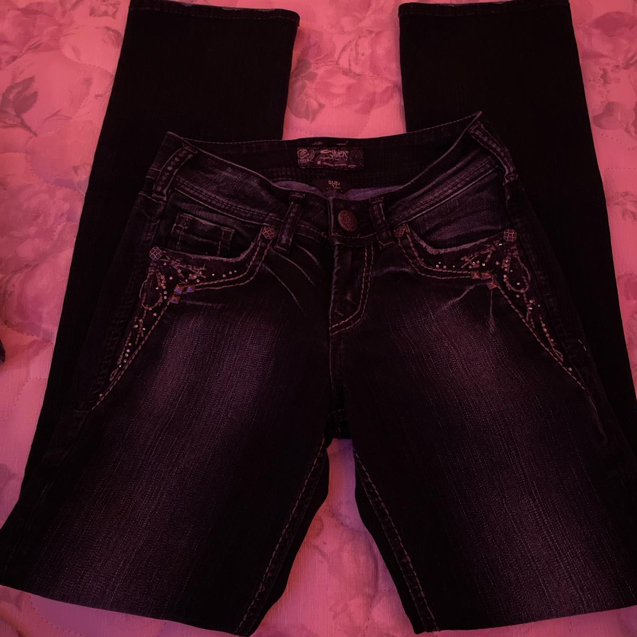 medium rise dark wash bootcut jeans with gems size... Depop