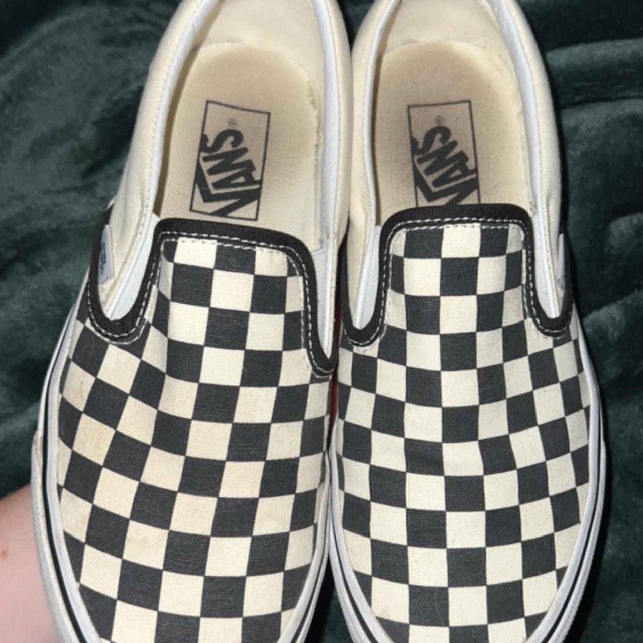 black and white checkered slip on vans size: women’s... - Depop