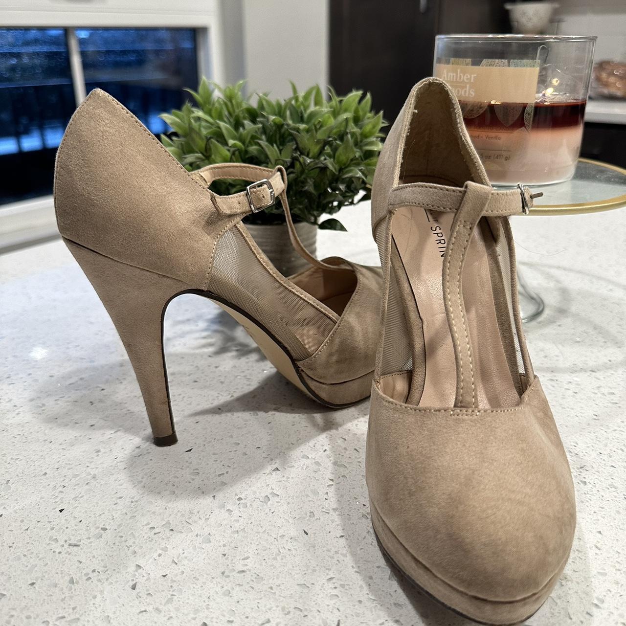 Beige t hot sale strap platform heels