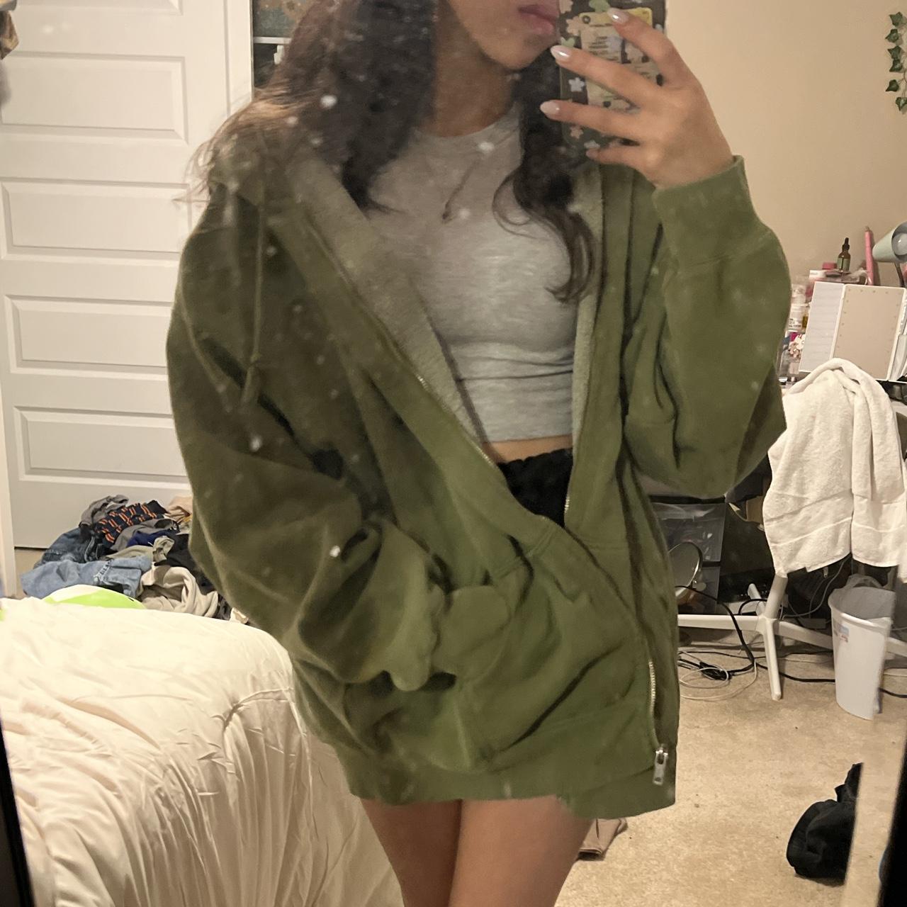 Brandy melville zip up hoodie, olive green oversized - Depop