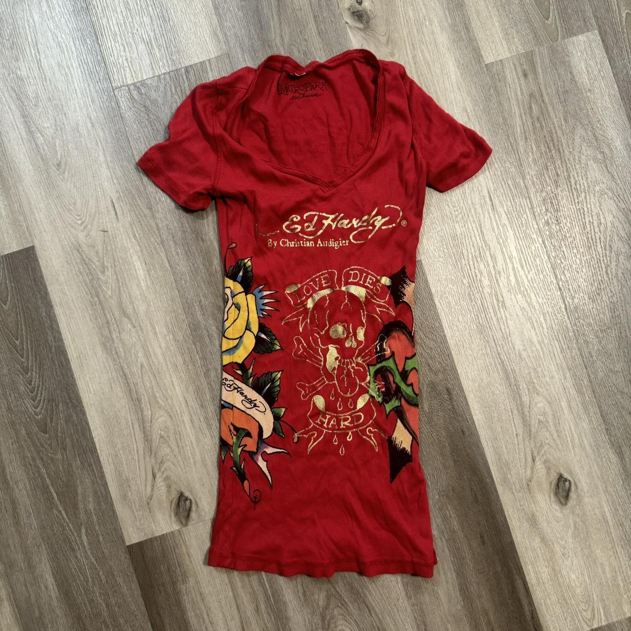 VINTAGE ED HARDY WOMANS LONG THERMAL STYLE TEE SHIRT... - Depop