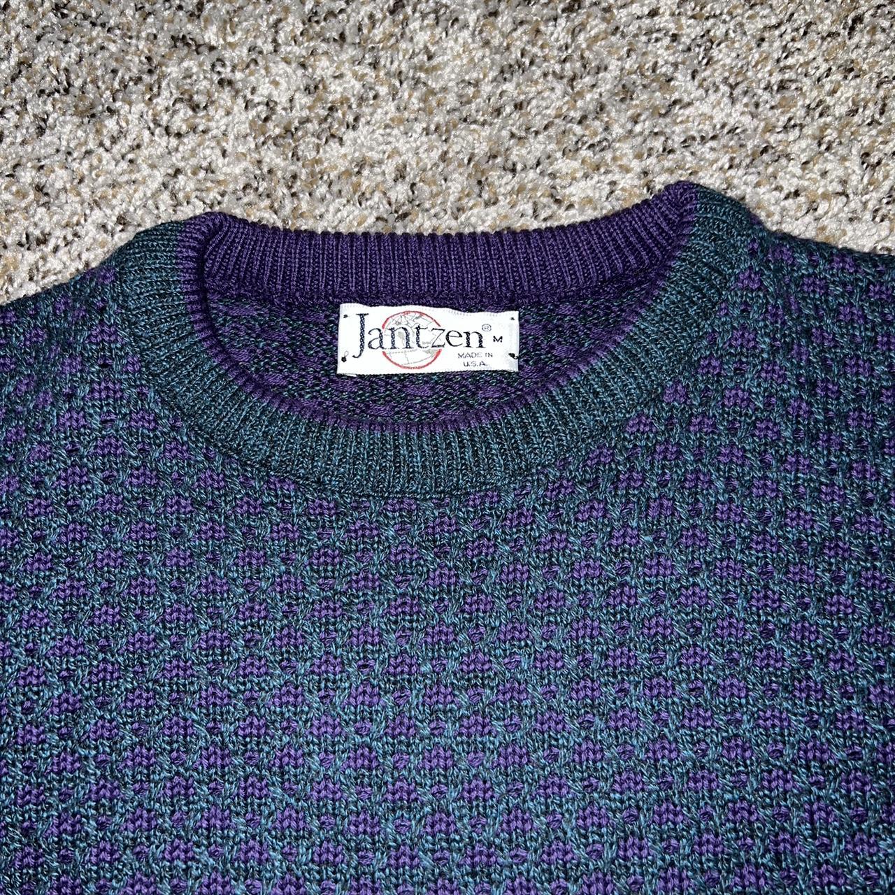 Vintage 80s Jantzen sweater, blue and purple pattern... - Depop