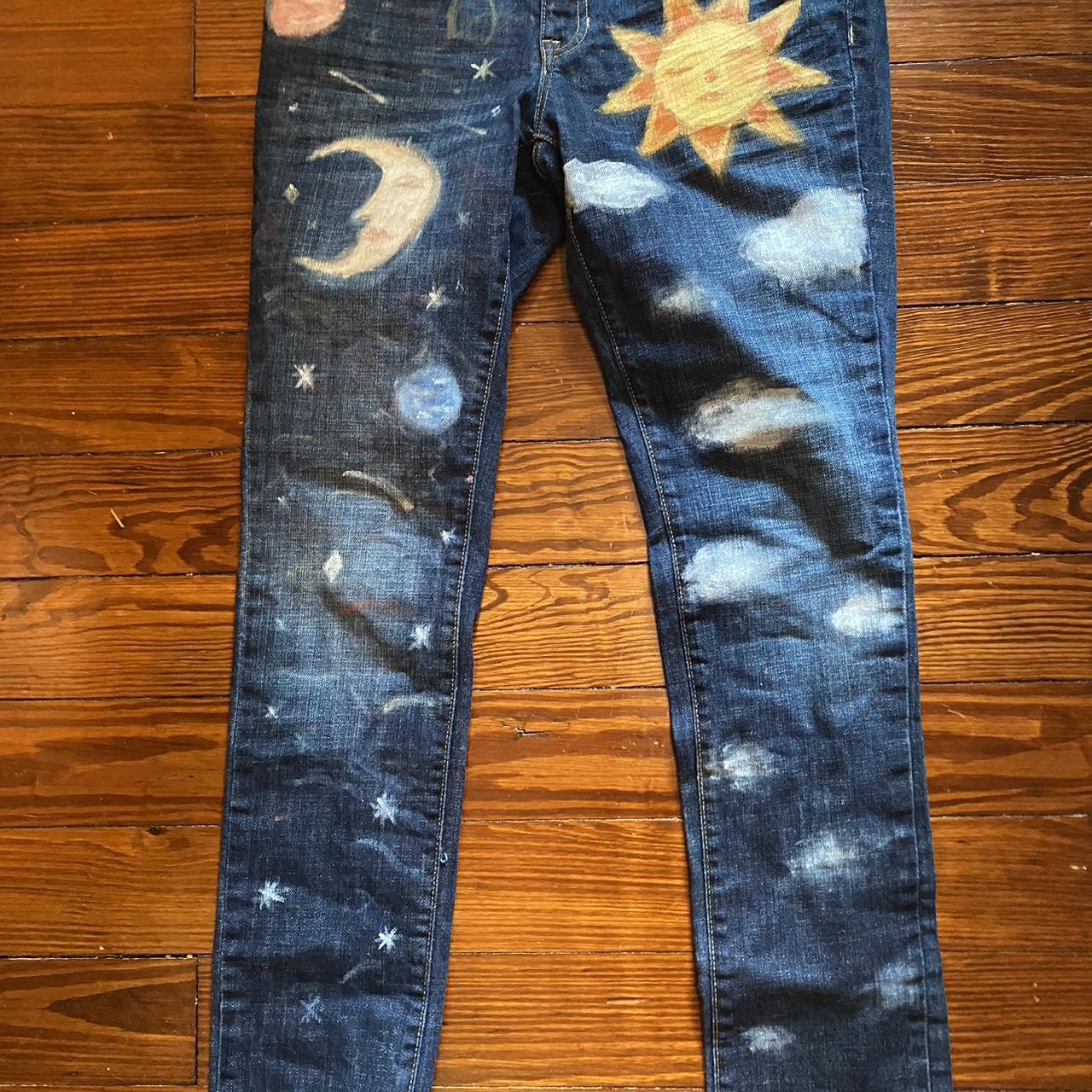 Hand painted jeans with stars, moon, sun,