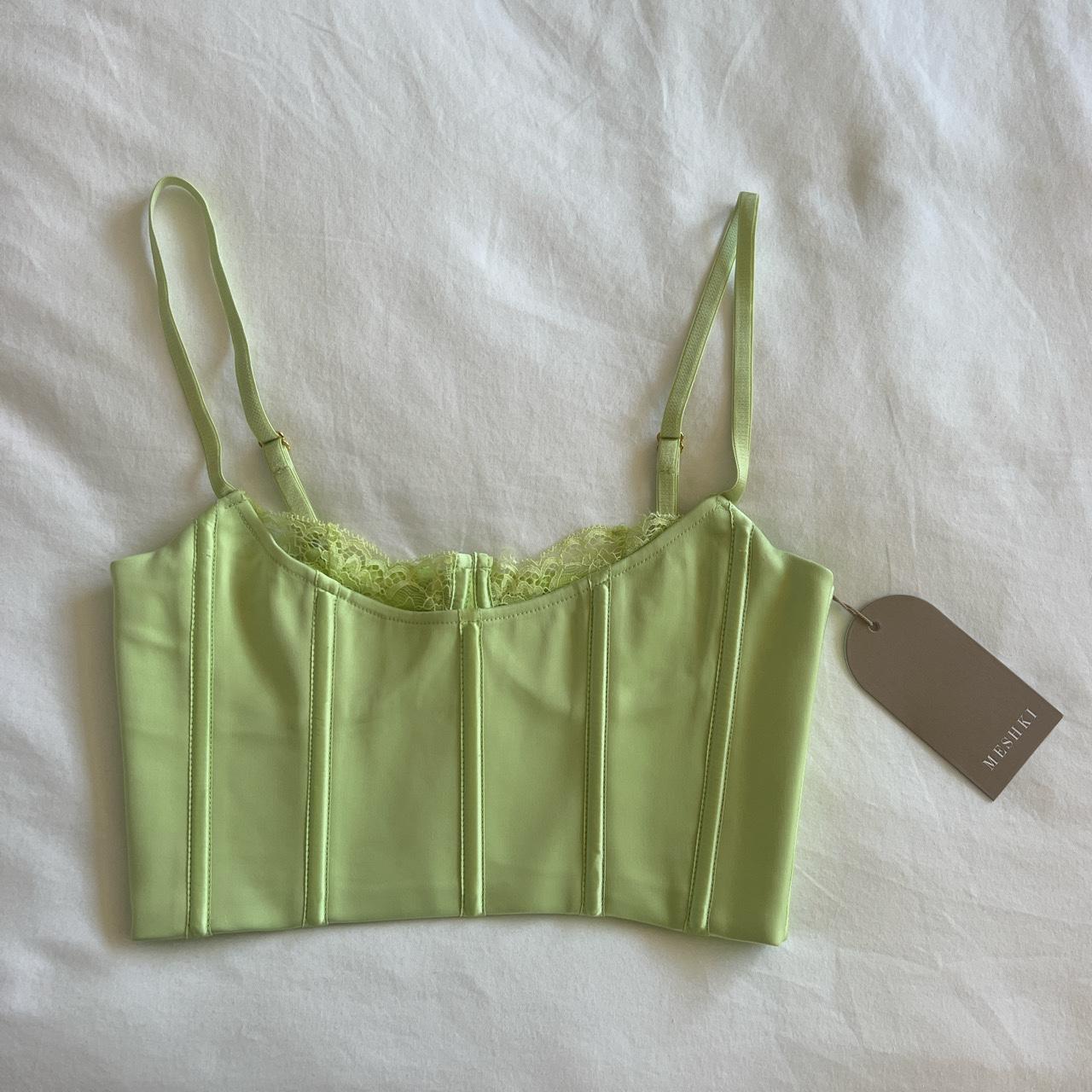 Meshki satin and lace cami corset crop top light green - Depop