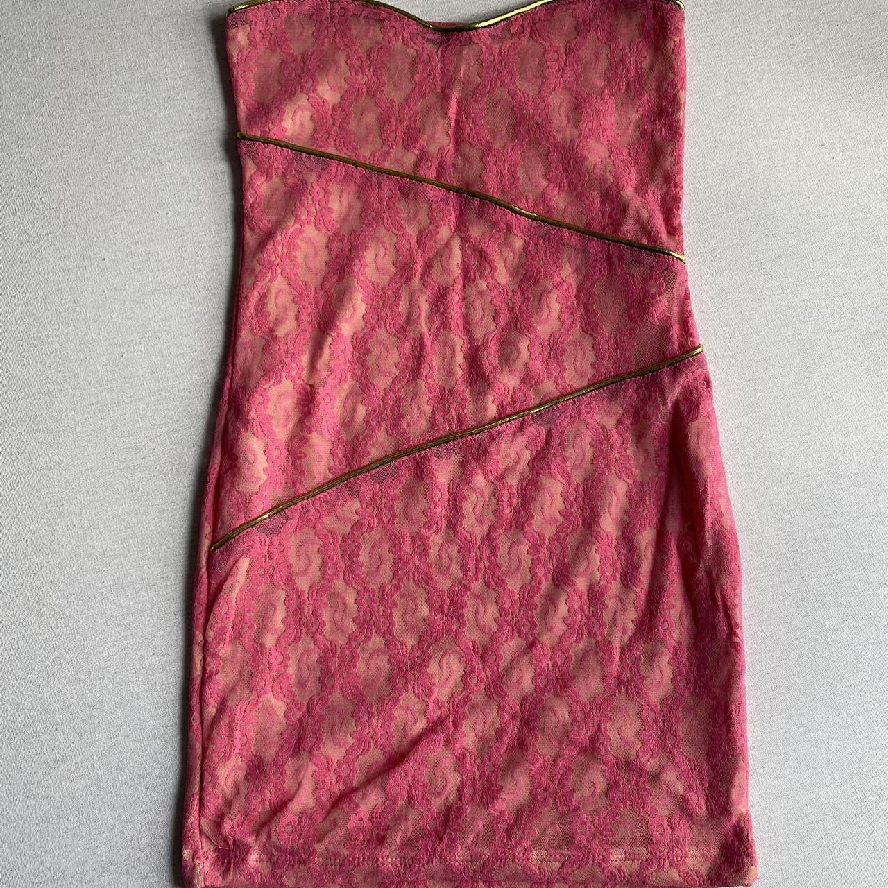 Pink mesh floral strapless mini dress with gold... - Depop