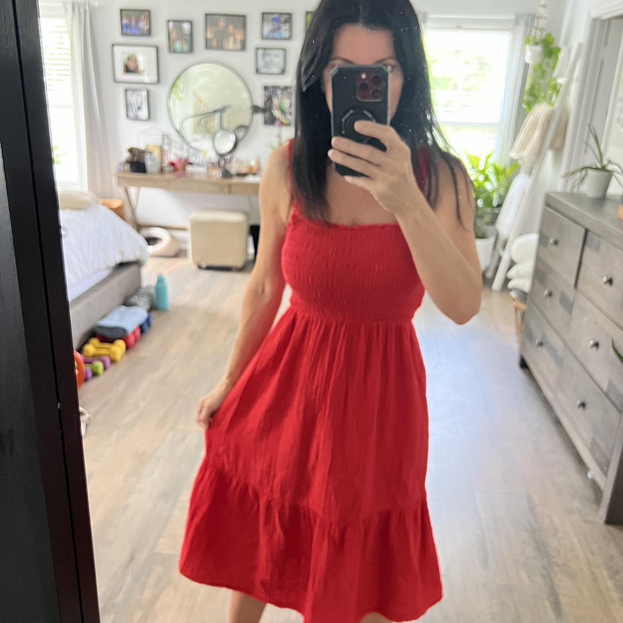 Red midi dress with smocked top lightweight Depop