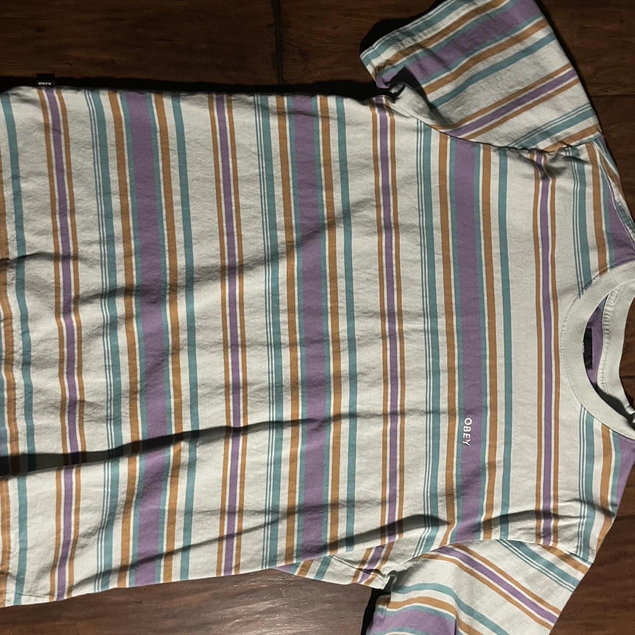 Obey Purple, Teal, Brown, White Stripped Shirt - Depop