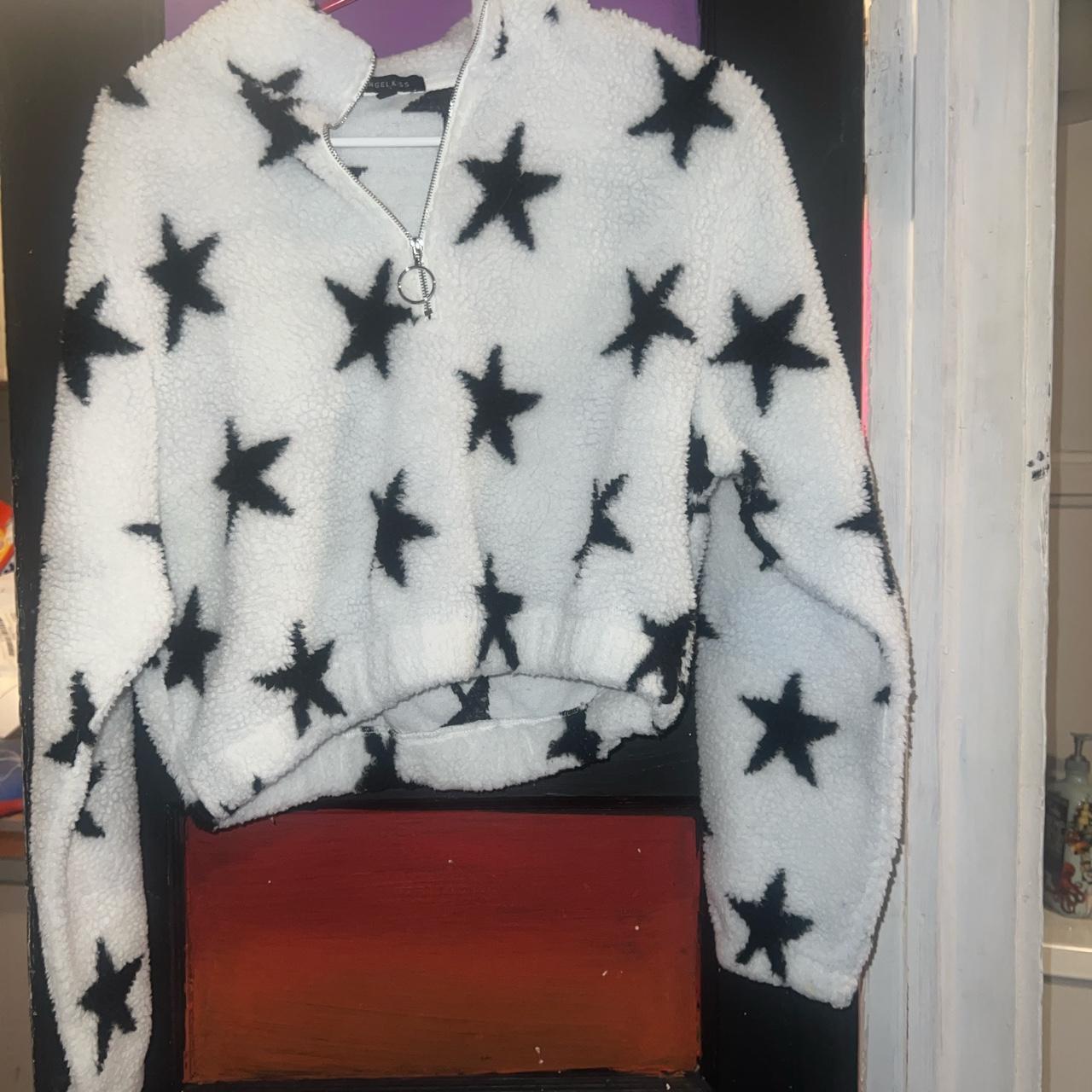 half zip up cropped star fuzzy jacket size medium... - Depop