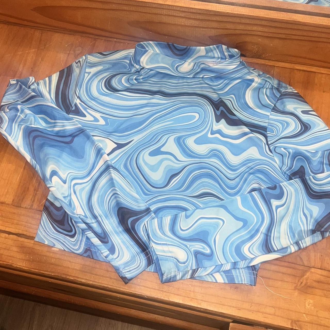 shein marble blue and black and white cropped long... - Depop