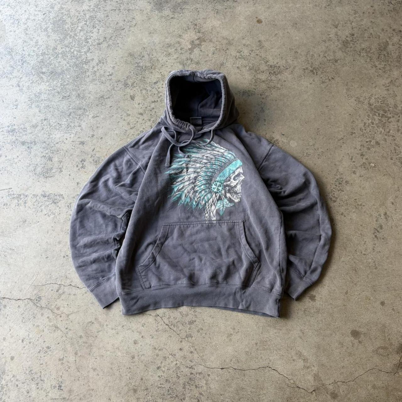 Y2K Dark Grey Native Indian Chief Skull Hoodie Depop