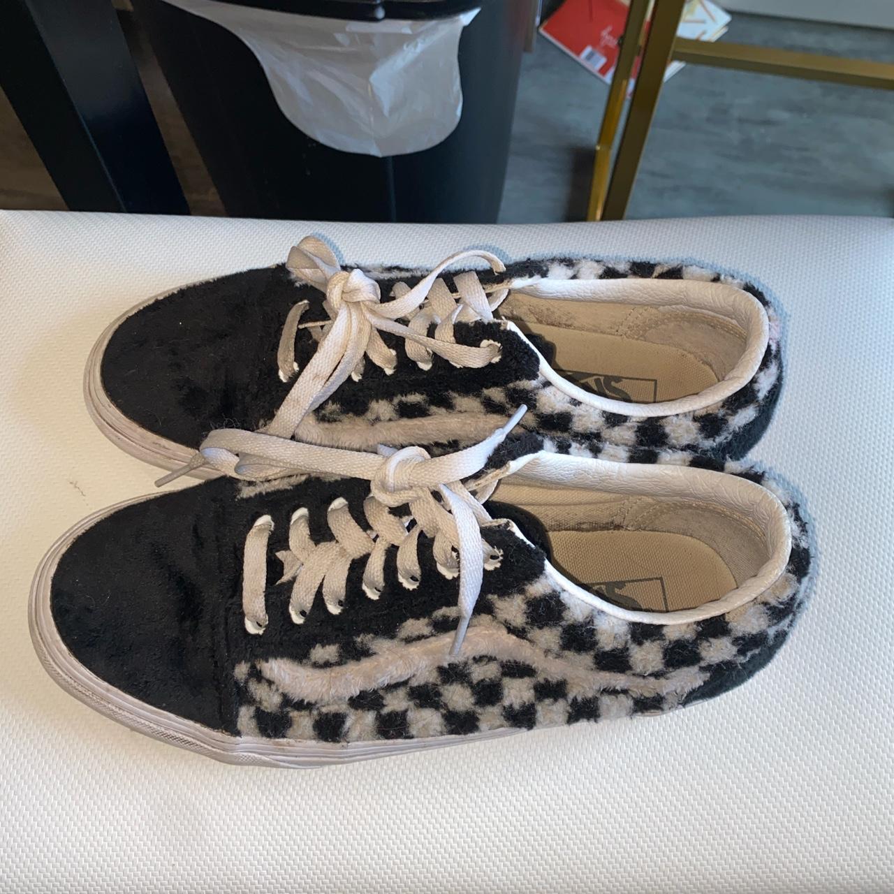 black and white checkered FUZZY vans used but great. Depop