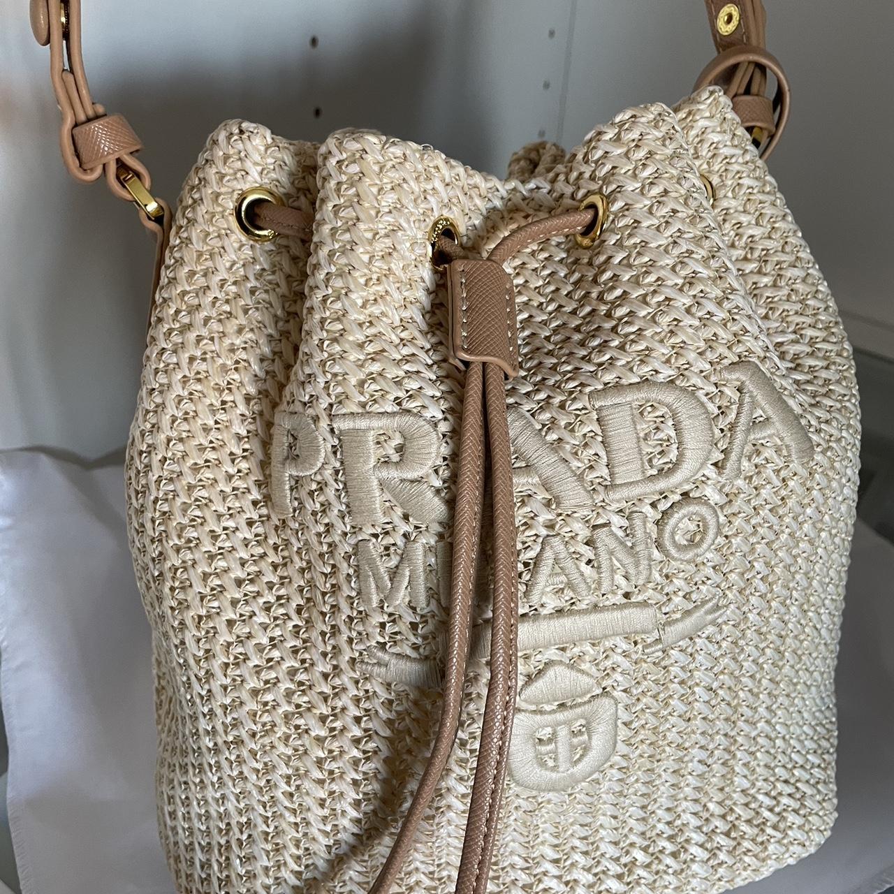 Prada raffia bucket discount bag