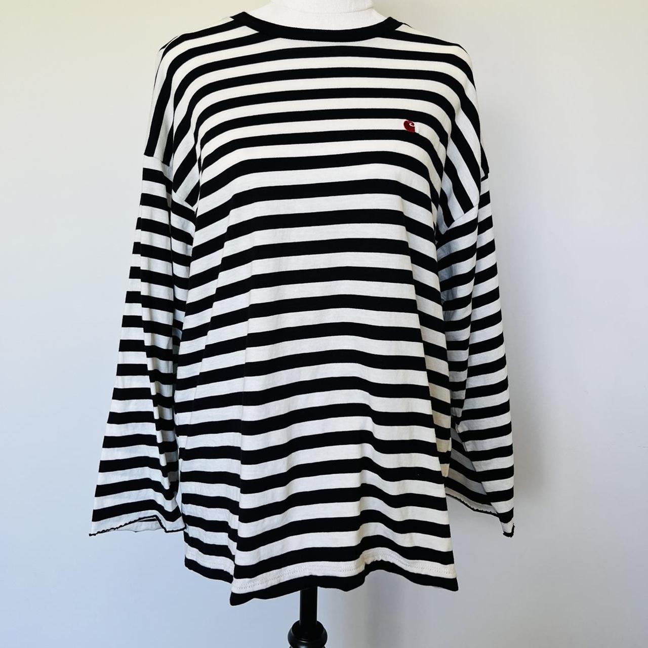 Carhartt women’s black white striped long sleeve top... - Depop