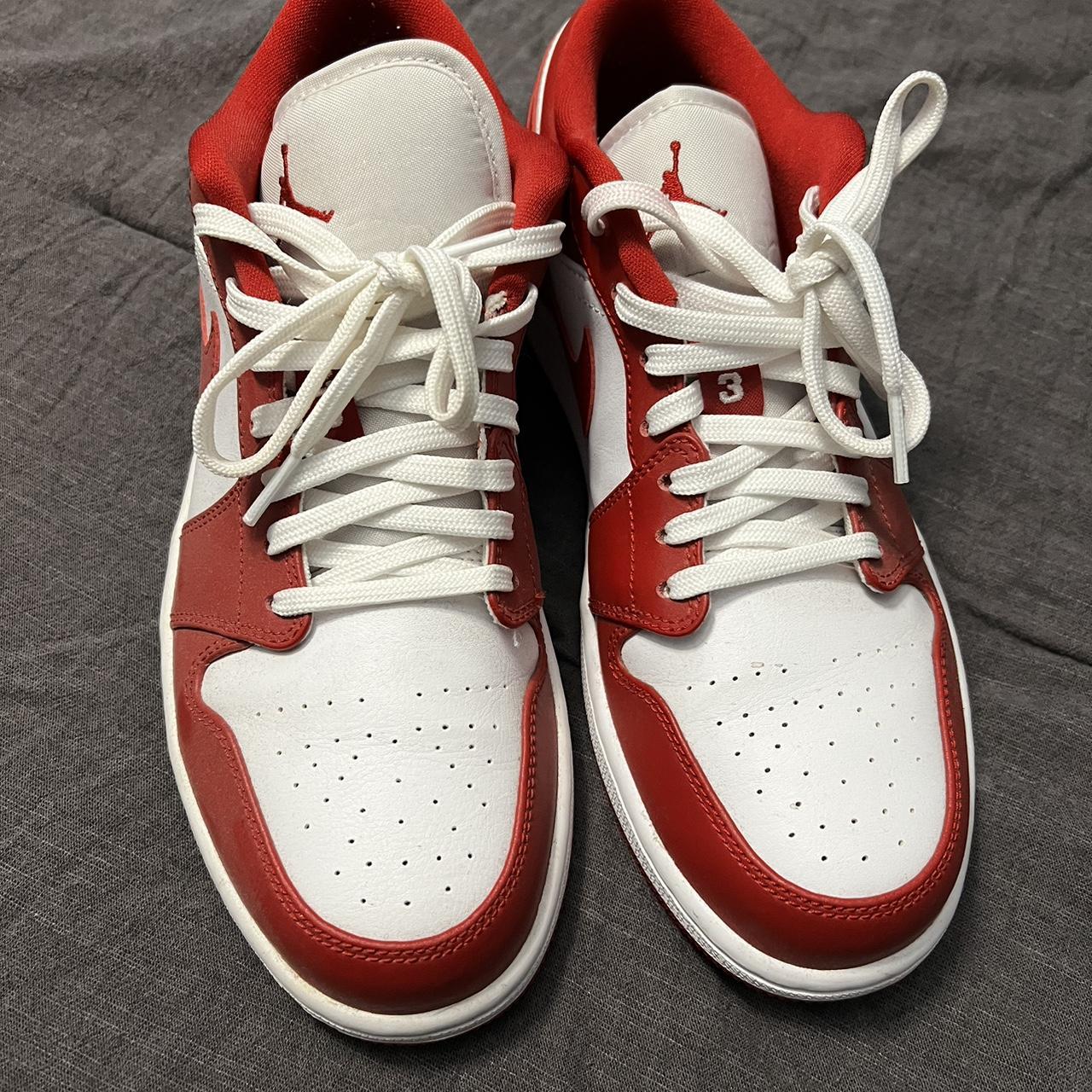 low top red and white jordans