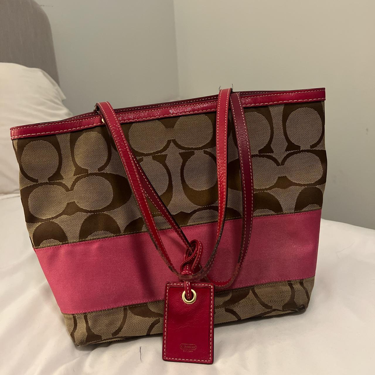 Dark brown coach handbag. Bag has pink strap & pink - Depop