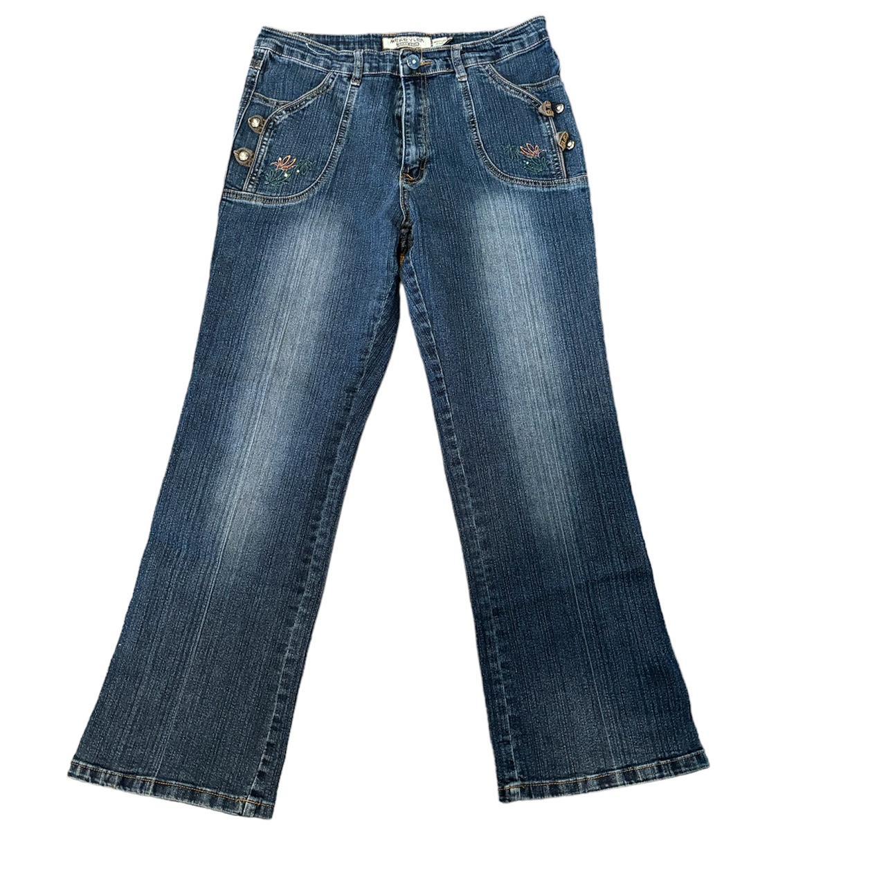 dark wash blue jeans, flower embroidery on the sides... - Depop