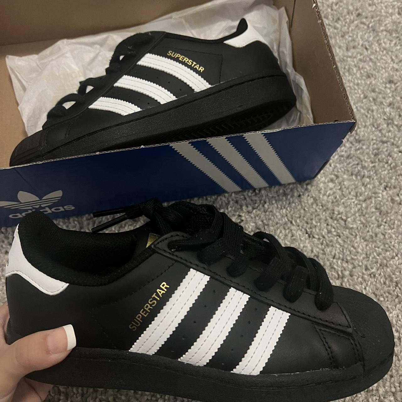 black adidas superstars ⭐️🖤 size 3.5 kids (5/5.5... - Depop