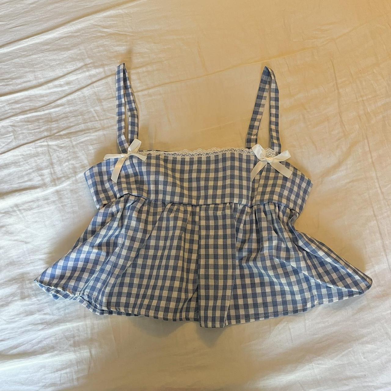 blue gingham top 🧺 the cutest blue and white... - Depop