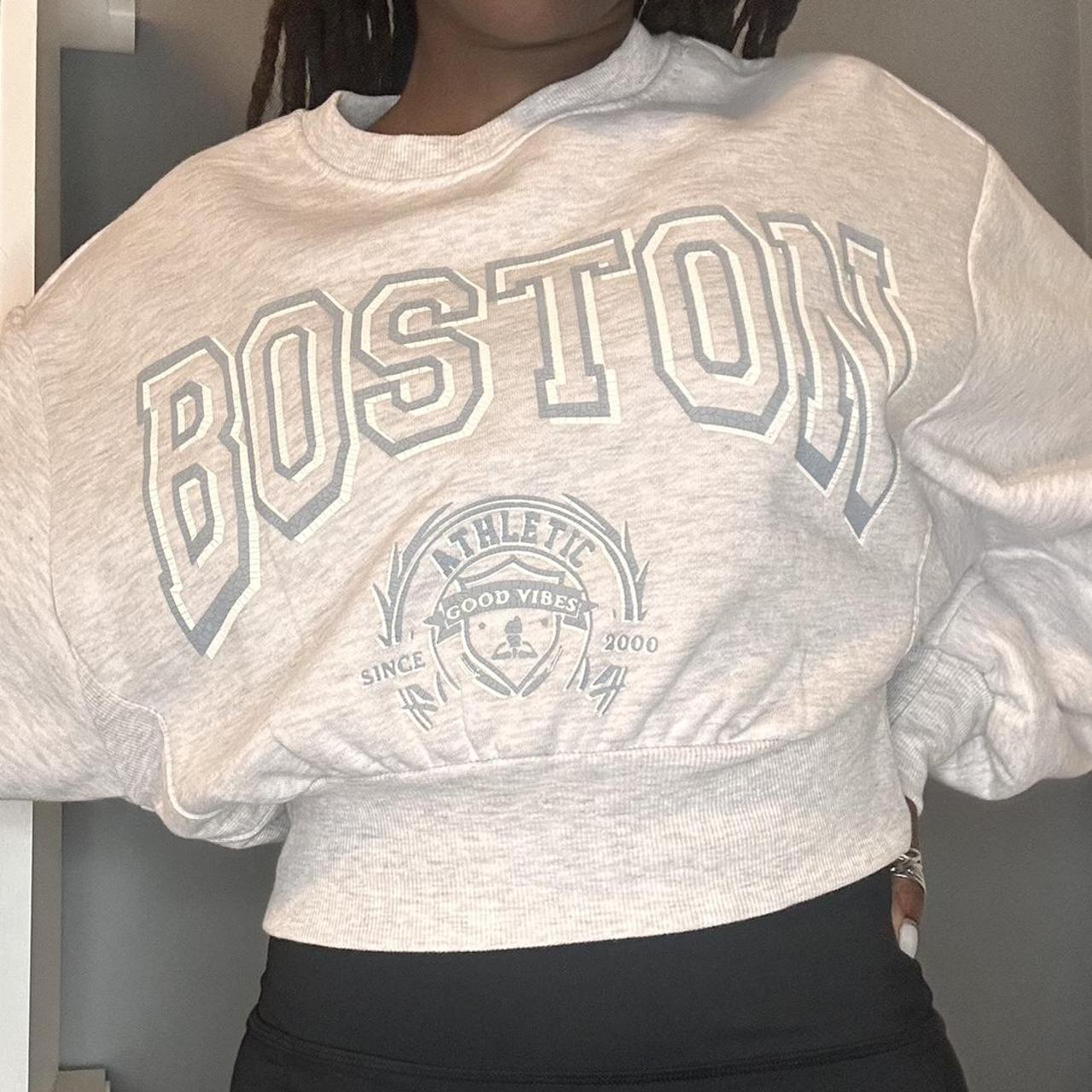 Forever 21 cropped grey Boston hoodie, Size S - Depop